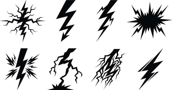 Lightning bolt black icon set with electrical sparks and energy explosions