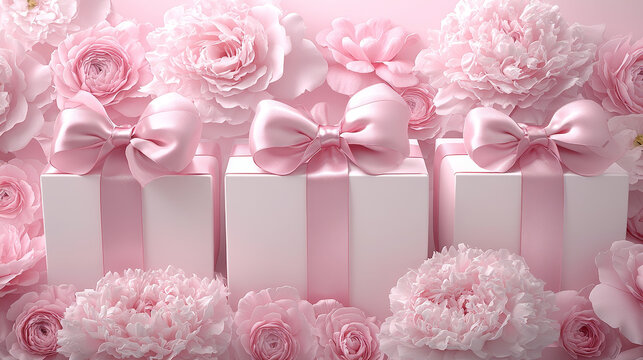 Elegant pink gift boxes with satin bows surrounded by blooming peonies and roses, creating romantic and festive birthday backdrop wall, perfect for celebrations and upscale events