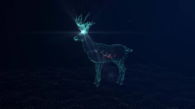 Futuristic Polygon Deer Wireframe with Glowing Particles and Digital AI Technology Background Animation in 4K.