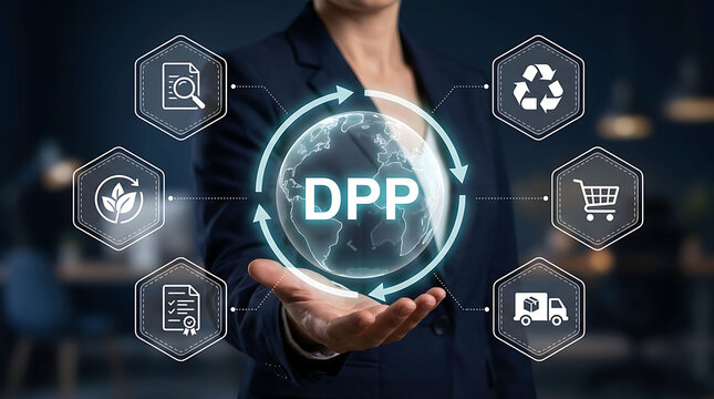 Businesswoman holding DPP digital product passport icon with recycling icons