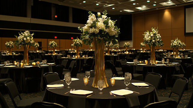 Elegant black and gold adult birthday dinner setup with tall floral centerpieces, candlelight, upscale ambiance, round tables, and formal place settings create sophisticated atmosphere