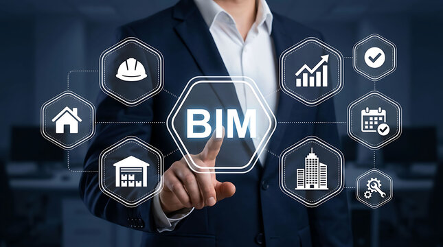 Businessman touching BIM icon with building information modeling process icons