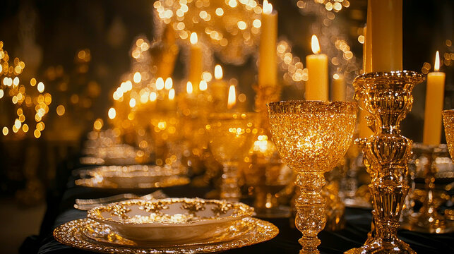Elegant black and gold dinner table with sparkling candlelight, luxurious glassware, ornate plates, festive ambiance, upscale adult birthday celebration, warm and inviting atmosphere