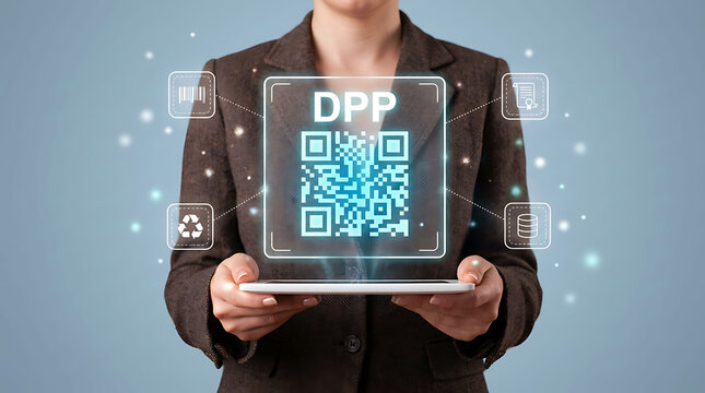 Businesswoman holding tablet with DPP digital product passport and QR code