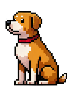Isolated charming pixel art style cartoon dog illustration sitting patiently looking to the left