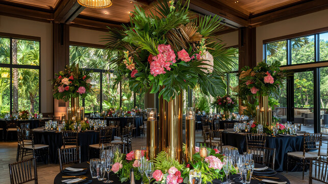 Elegant black and gold adult birthday dinner setup with lush tropical floral centerpiece, upscale tableware, glassware, and candlelight in modern banquet hall, festive atmosphere