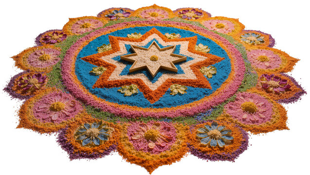 Isolated intricate Indian festival rangoli with colorful powders, star, and flower elements.