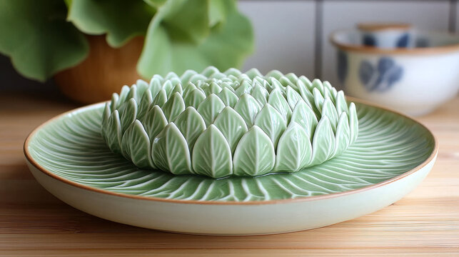 Green ceramic lotus plate leaf pattern elegant tableware decorative dish modern kitchen botanical design serene natural centerpiece upscale