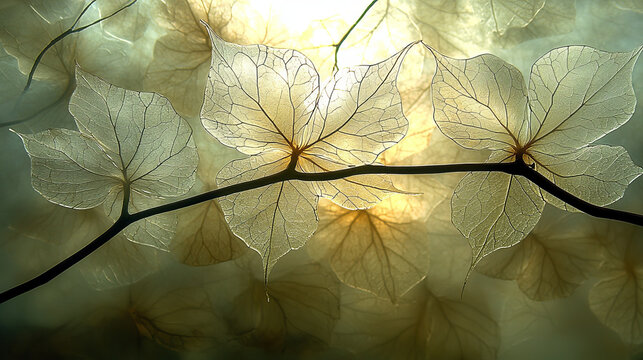 Delicate translucent leaf vein pattern soft sunlight elegant natural texture botanical abstract ethereal atmosphere gentle organic design serene mood closeup nature art