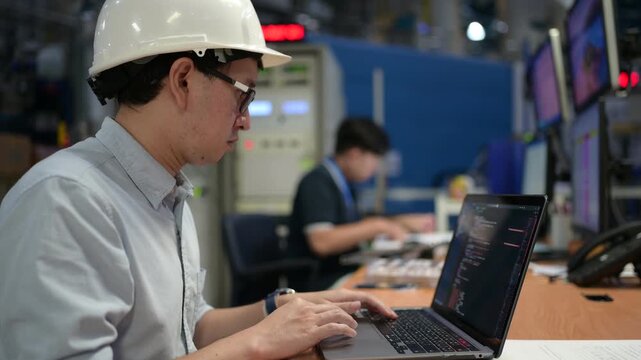 Focused professional Asian industrial engineer in a hard hat programs automation software on a laptop inside a modern smart factory control room managing production system network data.