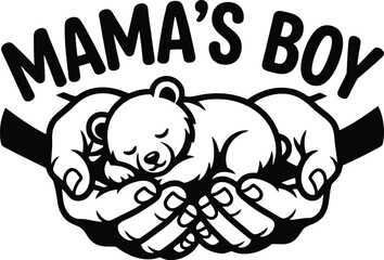 Sleeping Bear Cub Held in Gentle Hands with Mama's Boy Text baby animal holding © Muhammad