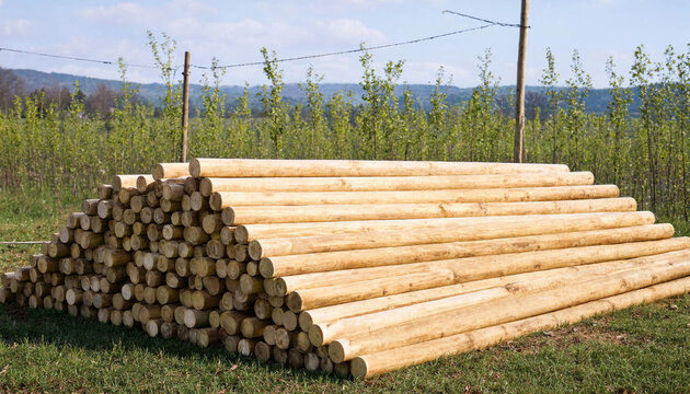 Large stack of cylindrical wooden logs piled up in a grassy field with a forest background, under a clear, blue sky during, a sunny day