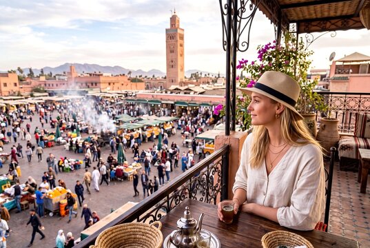 A Young Woman Enjoying Tea on a Rooftop Terrace Overlooking the Lively Jemma el Fnaa Square