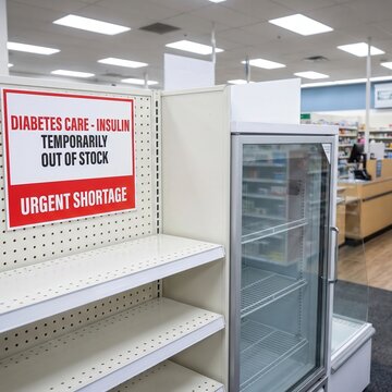 Empty diabetes medication refrigerator in pharmacy, prescription shortage, healthcare supply disruption, patient care, public health concern.
