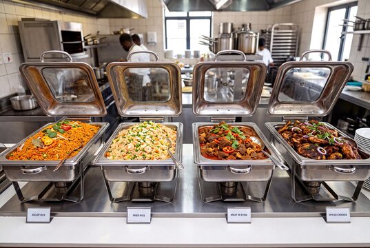 A display of assorted Nigerian buffet dishes served in chafing dishes within a professional kitchen setting