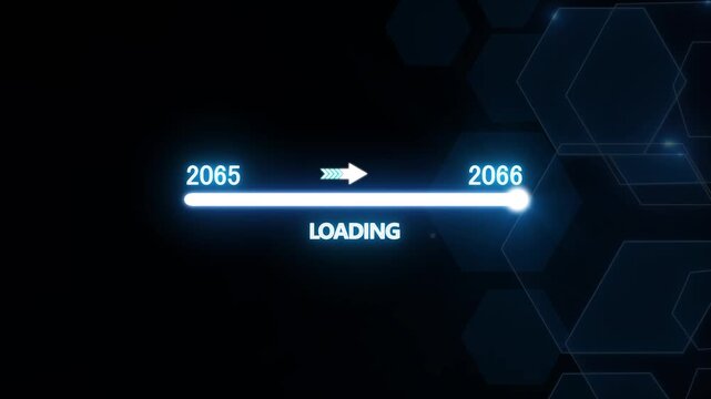 Futuristic year transition loading bar: 2065 to 2066 digital progress animation technology