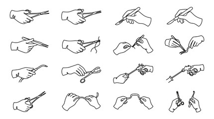 Obraz premium Surgical Instruments Held by Gloved Hands: A Collection of Medical Tools in Line Art