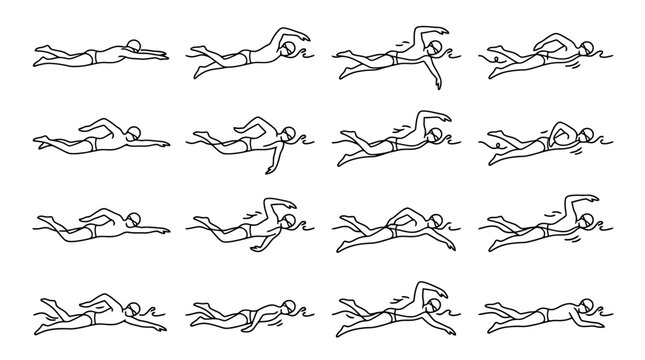 Freestyle swimming strokes sequence, athletic swimmer body movement illustration