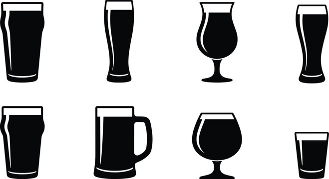 Beer glasses and drinkware silhouettes set including pint glass beer mug pilsner tulip glass and shot glass icons