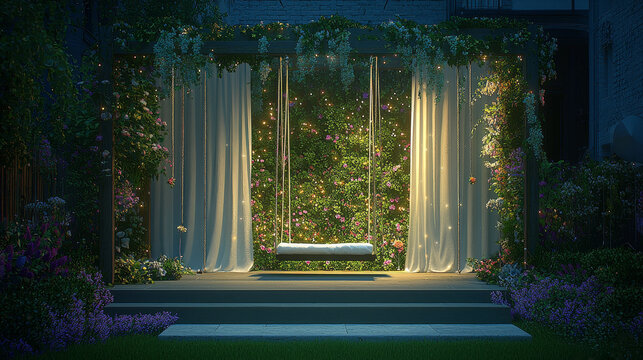 Elegant garden photo booth with swing fairy light lush greenery white curtain floral backdrop romantic evening outdoor celebration dreamy atmosphere festive mood enchanting setting