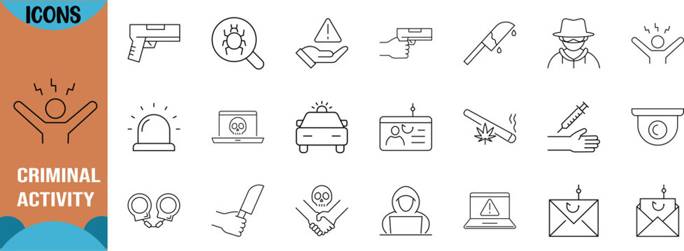 Criminal activity security vector icons. gun icon set, hacker icon set, handcuffs icon set