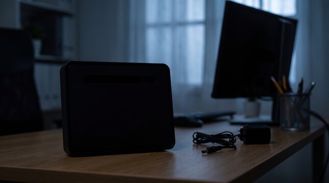 Home internet router during network outage in a dark office, digital disruption, communication failure, remote work interruption, technology crisis.