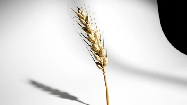 Single wheat stalk with grains against a clean white background, creating an evocative shadow