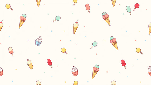 Colorful handdrawn ice cream treats and desserts scattered pattern with transparent background for creative projects