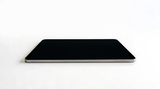 Modern digital tablet with blank black screen lying flat on white surface