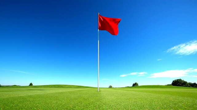 Red flag on a golf course green under a clear blue sky on a sunny day