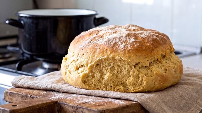 Rustic homemade South African steamed bread loaf resting on a weathered wooden cutting board in kitchen