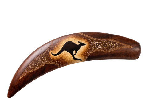 Isolated traditional wooden Australian Aboriginal boomerang with carved kangaroo and dot art