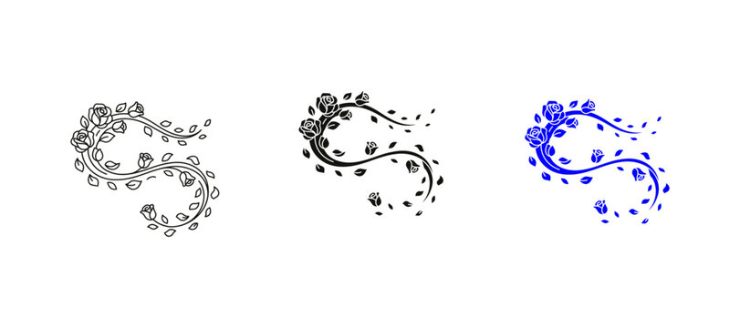 Petal Trail Line Icon - Swirling Rose Vine with Falling Flower Petals Vector Outline Illustration Isolated on White Background