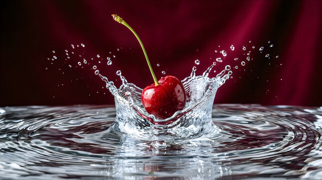 Single ripe cherry splashing into clear water with dramatic crimson background and dynamic droplets