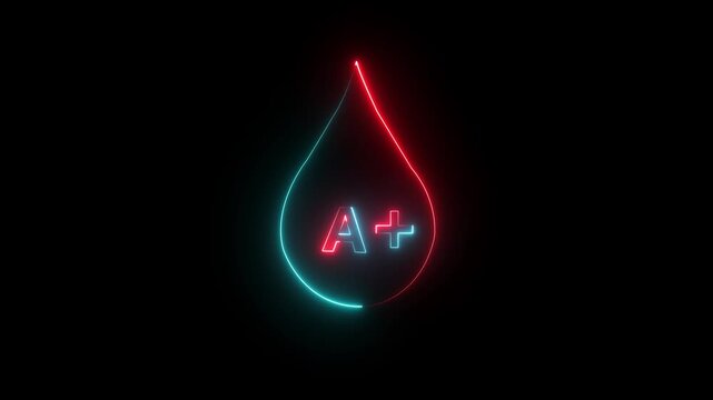glowing neon A positive Blood icon drop animation on black background. glowing yellow and blue droplet symbol for medical, healthcare, and scientific concepts .
