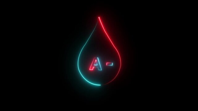 glowing neon A negative Blood icon drop animation on black background. blood transfusion. A negative blood drop icon animation. 4k motion video.