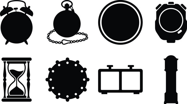Clocks and time measurement devices silhouettes set including alarm clock pocket watch stopwatch hourglass chess clock and grandfather clock
