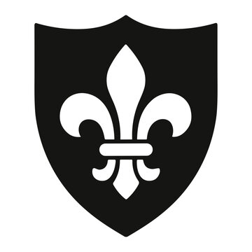 Monochrome heraldic shield displaying a central fleur-de-lis emblem within a stylized medieval crest, a black-and-white vector icon inspired by French coat-of-arms, nobility