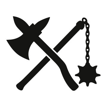 Silhouette of crossed medieval weapons featuring a double-headed battle axe and a chained morning star flail forming a heraldic combat emblem icon in black on white background