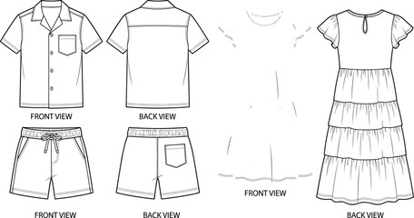 Fashion technical flat sketch vector of boys quilted vest, utility trousers, and girls wrap dress © MstMimiAkter