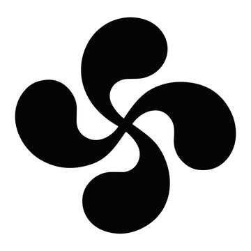 Black four-armed swirling abstract symbol resembling a rounded propeller or floral petal motif, minimalist monochrome silhouette centered on a white background in vector design