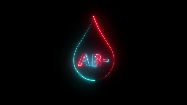 AB- Negative Blood Type Neon Glow Drop on Black Background ,Blood donation concept, blood transfusion. AB negative blood drop icon animation. 4k motion video.