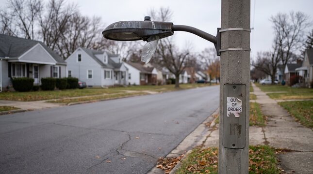 Dark streetlight during neighborhood power outage, urban infrastructure failure, public safety concern, electricity disruption, utility crisis.