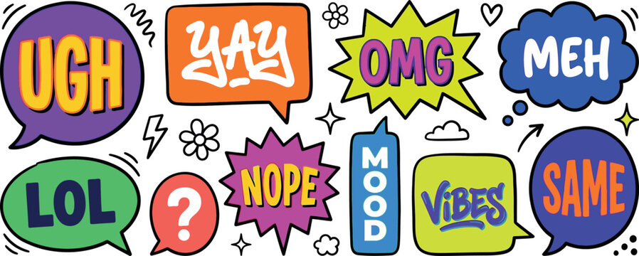 Hand-drawn comic speech bubble set with slang words, colorful pop art doodle collection of social media expressions, vibrant cartoon dialogue clouds for stickers and digital messaging