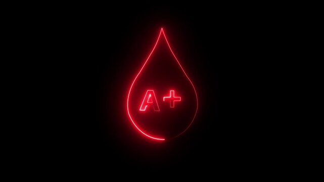 glowing neon A positive Blood icon drop animation on black background. Blood donation concept, blood transfusion. 