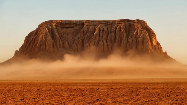 Golden sunset light hitting a massive sandstone mesa in the desert mountain rock landscape dunes