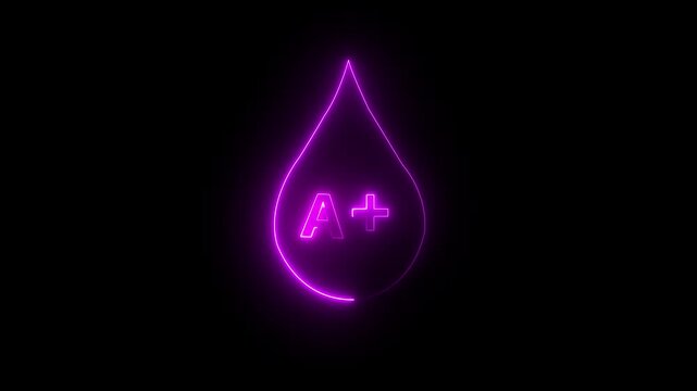 glowing neon A positive Blood icon drop animation on black background. blood transfusion. A positive blood drop icon animation. 4k motion video.