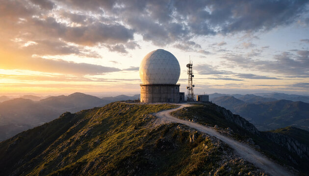 Large white radar dome station located on a mountain peak during a scenic sunset with a winding dirt road leading up to the communication tower