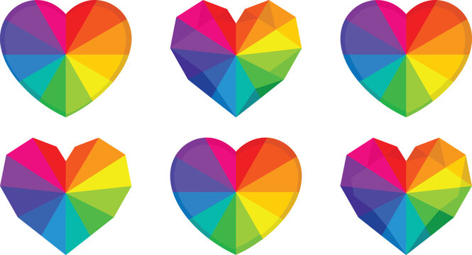 Collection of vibrant rainbow colored geometric heart vectors for pride month and valentines day concepts