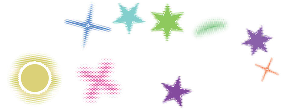 Colorful stars and shapes with halftone effect on transparent background